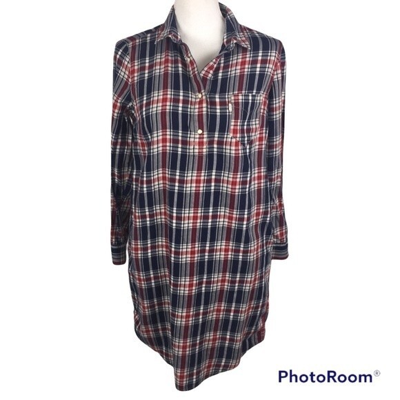 Levi’s Plaid Flannel Dress Sz M Pockets Pearl Snaps Red White Blue Fall Winter - Picture 1 of 13